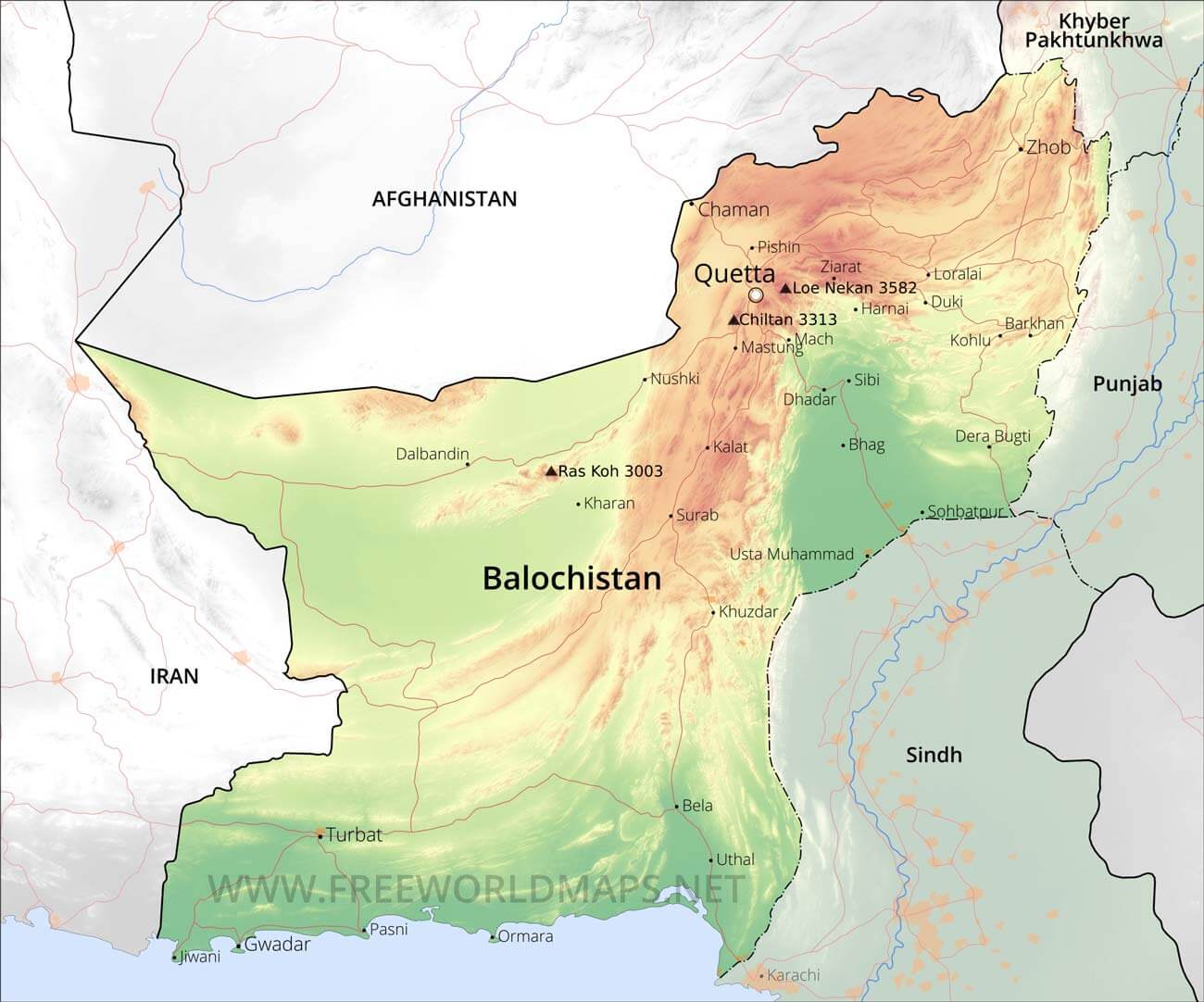 Balochistan is the largest and poorest of Pakistan's 4 provinces, bordering Afghanistan to the north and Iran to the west (source: Freeworld maps)
